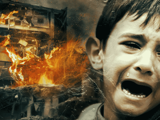 Evil problem, Islam, Suffering kid, destructed building.