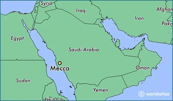 The image highlights Mecca found in Saudi Arabia as the original birthplace of Islam. credits of image to https://ar.maps-makkah.com/